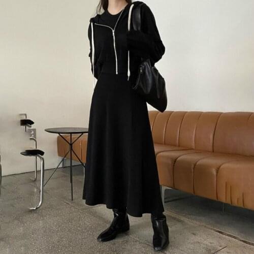 2021 Women Spring Casual Tracksuits Black Hoodies Two Piece Set Zipper Sweatshirt Jacket + Sleeveless Tank Dress