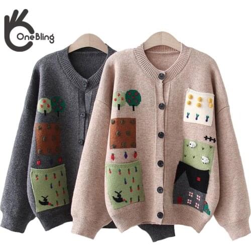 OneBling Za Women Cardigan 2021 Autumn Winter Traf New Sweet Gentle Knitted Sweater Loose Embroidered Female Cardigan Top Femme