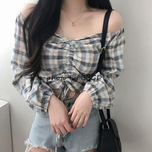 Women Harajuku Style Strapless Drawstring Long Sleeve Crop Tops Fashion V Neck Basic Lady Casual Tshirt Sexy Off Shoulder Shirts