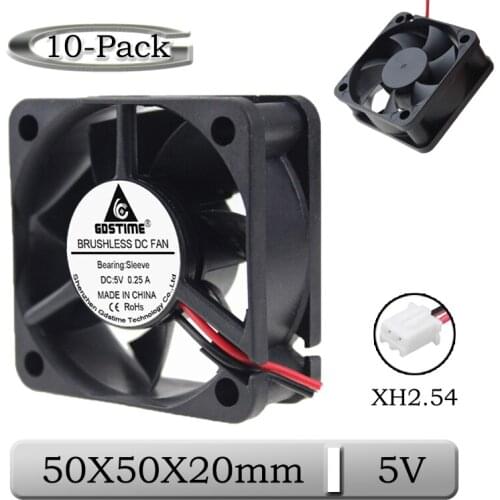10 Pcs Gdstime 50mm 50x50x20mm 5V Power Brushless DC Cooling Fan 5020S 5cm 2Pin Quiet Exhaust Cooler