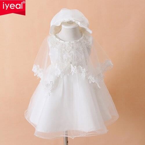 IYEAL Newborn Baby Christening Gown Infant Girls White Princess Lace Baptism Dress Toddler Baby Girl Chiffon Dresses 3pcs/set