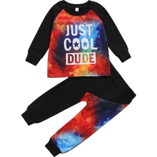 1-6Y Toddler Boy Clothing 2Pcs Fall Outfits Children Kid Long Sleeve Letter Print Pullover Tops and Tie Dye Pants Set