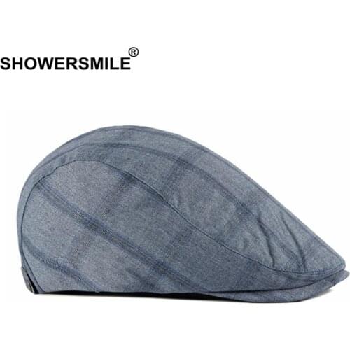 SHOWERSMILE Navy Plaids Beret Hat Men British Style Gatsby Cap Male Falt Cap Spring Summer Male Ivy Retro Mens Checked Hat