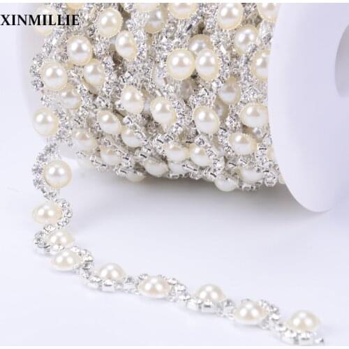 1 Yard Pearl Rhinestone Plating Silver Metal Flower Chain Crystal Sewing DIY Clothes Belt Shoes Bags Trim Garment Accessories