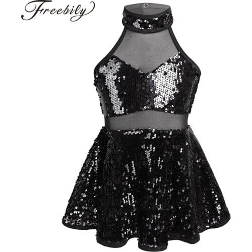 Shiny Sequined Tulle Splice Ballet Gymnastics Leotard Caged Back Girls Figure Skating Dress Kids Contemporary Rave Dance Costume