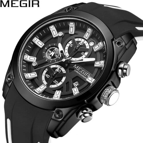 MEGIR New Sports Luminous Waterproof Personality Multifunctional Chronograph Quartz Mens Calendar Silicone Watches 2144G