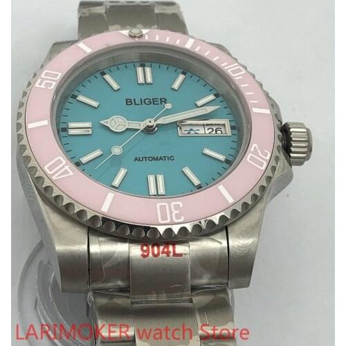 Mens New High Quality Luxury Sports and Leisure Waterproof Mens Watch Mechanical Clock Cases Sea blue Dial light pink Bezel