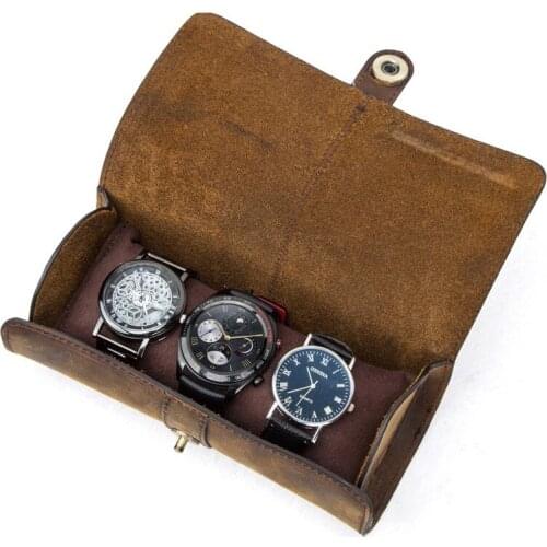Cow Leather 3 Slot Watch Box Handmade Watch Roll Travel Case Wristwatch Pouch Exquisite Retro Slid In Out Organizer