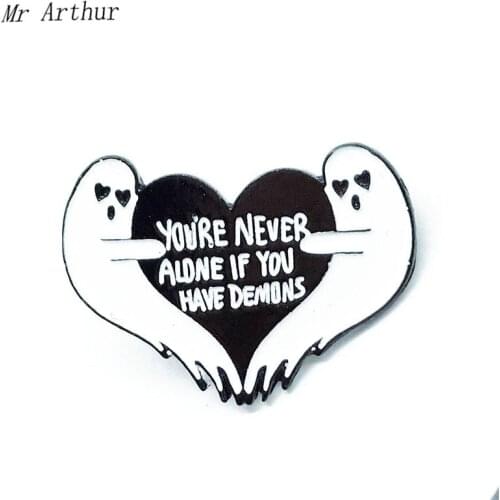Two Ghost Heart Enamel Pin You Are Never Alone If You Have Demons Brooch Clothes Lapel Punk Heart Jewelry Gift for Friends