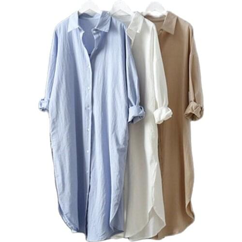 Cotton Women Blouse Shirt dress 2021 Summer New Linen Cottons Casual Plus size Womans Long Section Shirts White/Blue dress