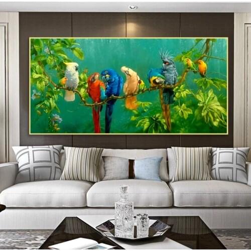Parrot on Branches Oil Painting Canvas Print Colorful Birds Landscape Poster Cuadros Animal Wall Pictures For Living Room Decor
