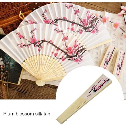 China Classical Blossom Print Folding Hand Fans Bamboo Vintage Fans Polyester Girls Print Flower Dancing Summer Tool R1W9