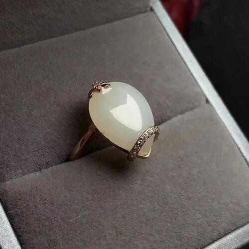 CoLife Jewelry Chinese Style Jade Ring for Daily Wear 12*16mm Natural White Jade Silver Ring Fashion Gemstone Ring