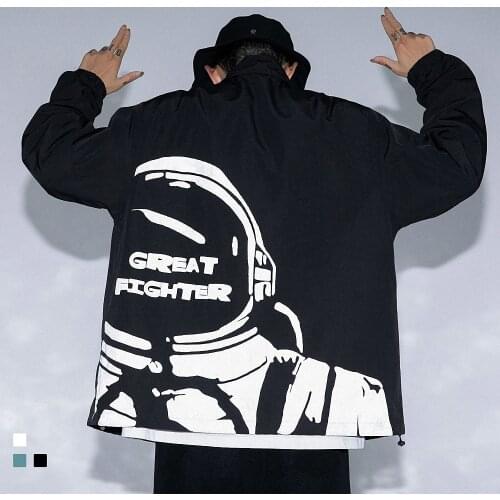 Men Streetwear Jackets Autumn Women Oversized Outerwear Windbreaker Astronaut Reflective Print Hip Hop Casual Loose Coats Tops