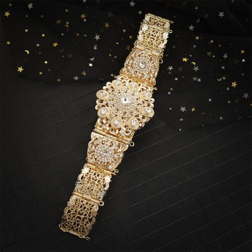 Morocco Waist Chain Dubai Womens Gold Color Belly Chain with Rhinestone Belt Arab Turkish Abaya Belt