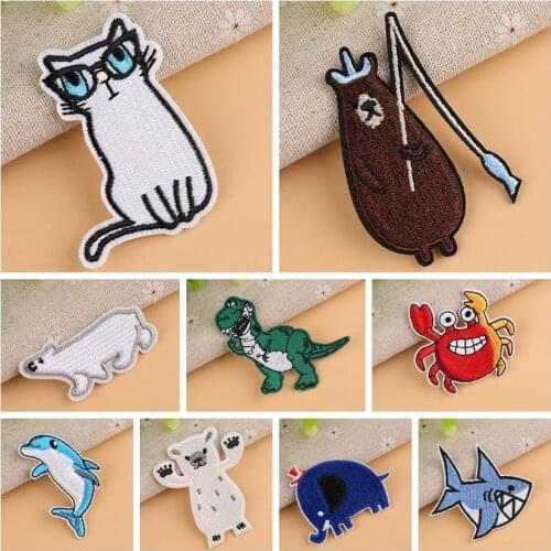 Kawaii Cat Patches Fishing Bears Appliques Crab Shark Iron On Clothes Sewing DIY Decor Dinosaur Jurassic Park Clothes Stickers