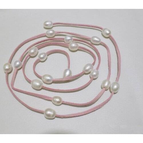 Fashion Pink Leather Long Necklace White Freshwater Pearl Leather Jewelry 48 Inches 10x12mm