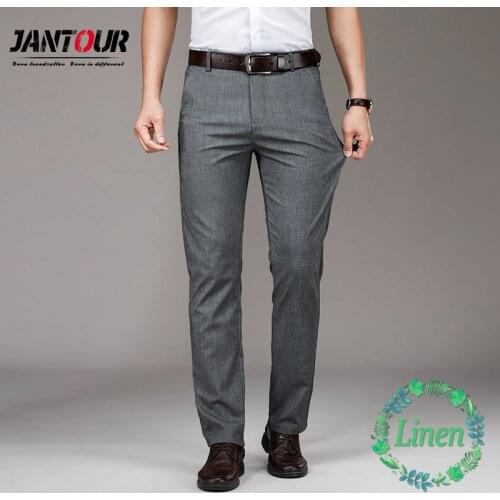 2021 New Mens Casual Linen Fabric Pants High Quality Business Regular Straight Stretch Grey Blue Trousers Male Large size 40 42