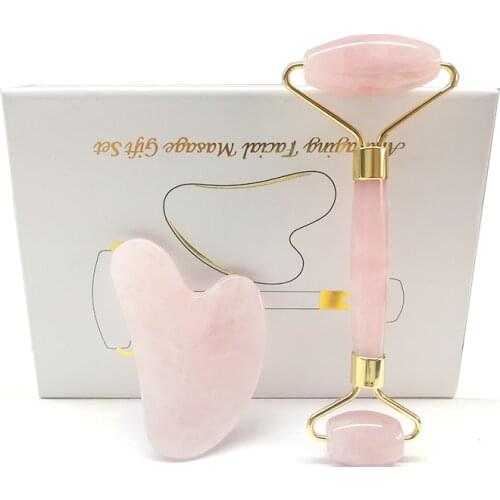 Rose Quartz Face Massage Roller Guasha Board Set Natural Jade Stone Facial Body Roller Massager Gouache Scraper Guasha Massage