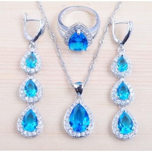 New Water Drop Sky Blue Zirconia Womens Silver Color Jewelry Sets Earrings Pendant Necklace Rings QZ0182