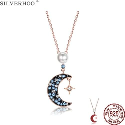 SILVERHOO 925 Sterling Silver Shiny CZ Star Moon Pendant Necklaces For Women Elegant Shell Pearl Necklace Charms Jewelry Gift