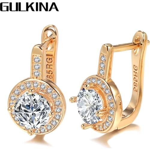 Gulkina Simple Round Natural Zircon Stud Earrings For Women Fashion 585 Rose Gold Bridal Crystal Earrings Wedding Jewelry Gifts