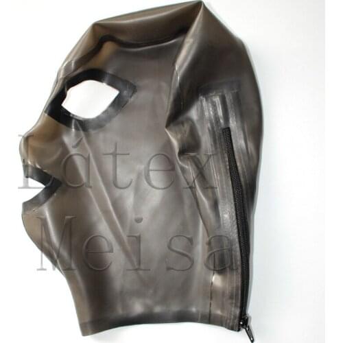 Transparent black Fetish latex hoods open eyes mouth and nostrils with back zip for adults