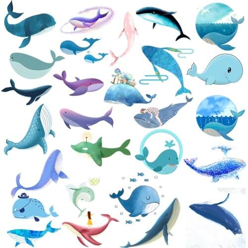 Cartoon Ocean Animal Whale Iron on Patches For DIY Heat Transfer Clothes T-shirt Thermal transfer stickers Decoration Printing