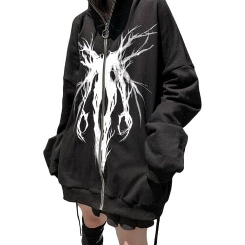 Over Size Hoodies Men Women Fashion Full Zip Gothic Graphic Long Sleeve Loose Fit Hooded Sweatshirts Streetwear Cardigans