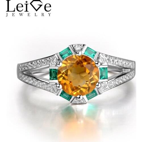 Leige Jewelry Yellow Quartz Citrie Ring 925 Sterling Silver Annieversary Rings Round Cut Prong Setting Fine Gemstone Jewelry