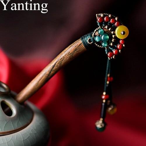 Yanting Ethnic Green Sandalwood Hair Sticks For Women Red Yellow Stone Tassel Hairpins Vintage Handmade Hair Jewelry 031
