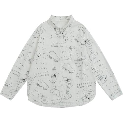 Korean Fashion Autumn Spring Women Blouse White Cartoon Dogs Letters I Am Your Father Print Long Sleeve Cotton Loose Shirt Femme