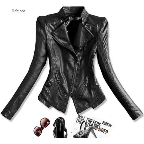 Womens Leather Jacket New Slim Fashion Lace Stitching Leather Clothing Female Leather Coat Black Tops