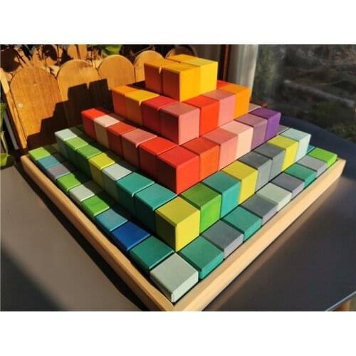 100pcs Large Wooden Toys Rainbow Pyramid Stacking Blocks / Kids Basswood Wooden Rainbow Building Bricks Birthday Gift