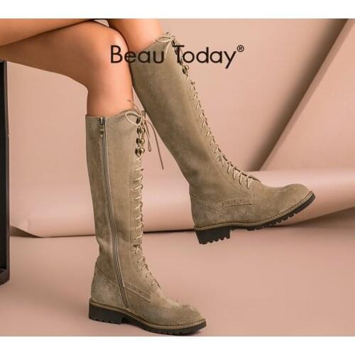 BeauToday Long Boots Women Cow Suede Leather Brogue Lace-Up Side Zipper Winter Fashion Knee High Riding Boots Handmade 02207