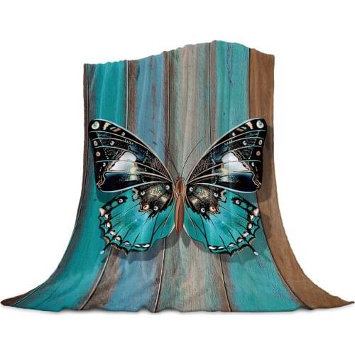 Wooden Texture Turquoise Butterfly Throw Blanket Home Decoration Sofa Blanket Warm Microfiber Blankets for Bedroom