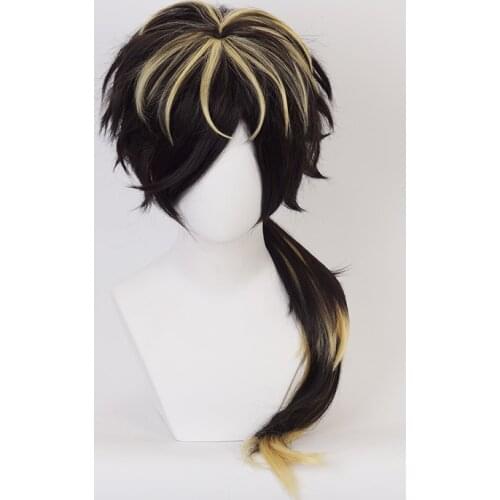 Division Rap Battle Aimono Jushi Cosplay Wig Black Mixed Yellow Long Synthetic Hair + Wig Cap