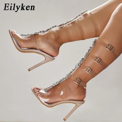 Eilyken 2021 New Gladiator Thin Heel Rome Crystal Gladiator Ankle Boots Women Sandals Buckle Strap Cover Heel Ladies Shoes