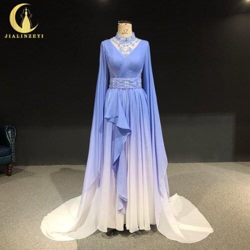 Rhine real Pictures Purple High Neck Long Sleeves Chiffon вечернее платье 2021 vestidos de noite платье evening dresses