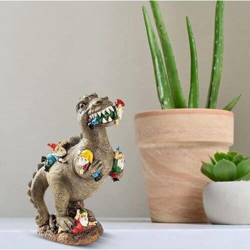 Resin Dinosaur Dwarf Figurine Statue Funny Dinosaur Eating Gnome Statue Cartoon Sculpture for Garden Ornament Home Decor