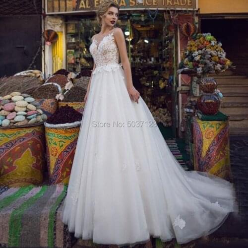 Lace Appliques Sleeveless A Line Wedding Dresses O Neck Backless Button Vestido De Novias Longo Bridal Gown for Bride Marriage