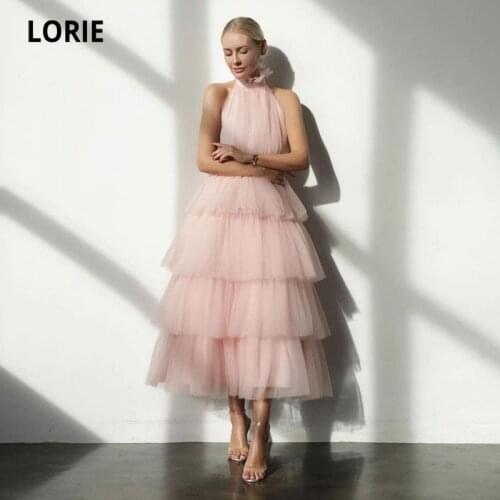 LORIE Baby Pink Prom Dresses Tea Length Tiered Tulle Cupcake Special Occasion Baby Blue Simple Girl Wedding Party Dress
