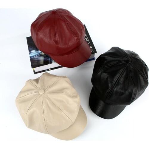 Fashion Artist PU Leather Female Korean Octagonal cap Spring Winter Casual Beret women Flat Hat Leather Newsboy Cap