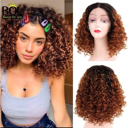 Beauty On Line 14Inch T Part Curly Lace Part Wig 13*1 Synthetic Wig Natural Hairline Short Bob Wig For Black Women Daily Use