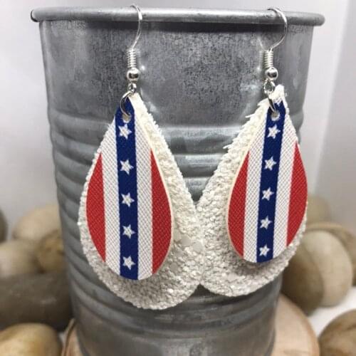 Patriotic 4th of July Earrings Stars And Stripes Flag Teardrop Leather Earrings Glitter Double Layer Red White Blue Earrings