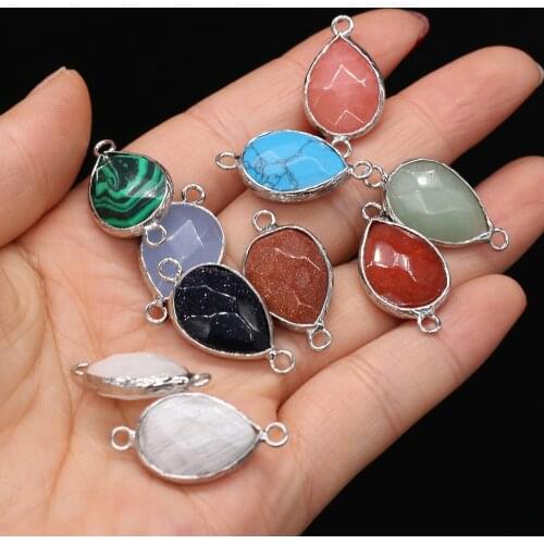 2pcs Natural Stone Agates Crystal Blue Sand White Jades Charm Connector Pendant Double Hole Jewelry Making Necklace Size 14x27mm