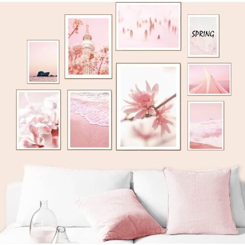 Pink Beach Spring Tower Reef Landscape Nordic Posters And Prints Wall Art Canvas Painting Wall Pictures For Living Room Decor