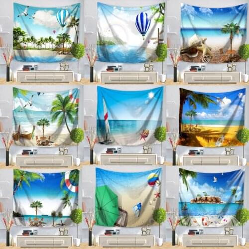 Sun Sea Tapestry Ocean Mediterranean Styles Beach Wall Hanging Water Landscape Beach Decoration White Cloud Blue Sky Blanket