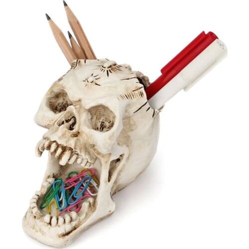 Skull Head Ornament Skeleton Stationery Pen Holder Home Office Desktop Pencil Organizer Makeup Tools Storage Halloween Decor