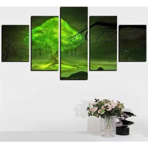 Wall Art Canvas Painting 5 Piece Prints Green Big Tree Posters Anime Plant Modular Pictures Home Decor Bedroom Decoration